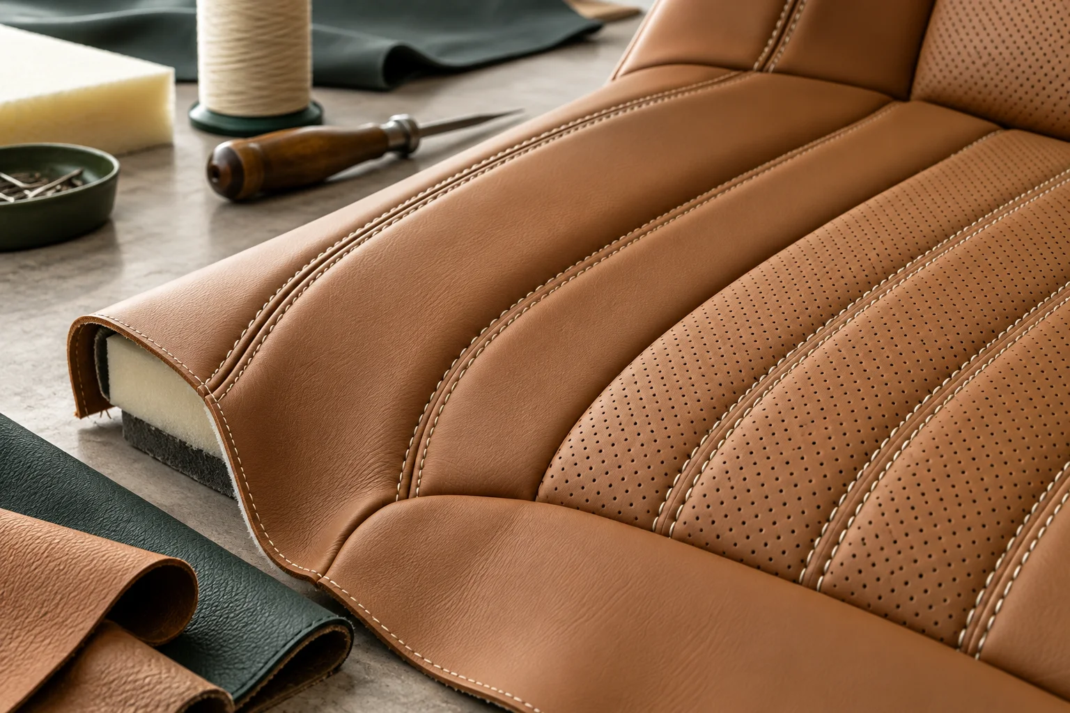 Tan automotive leather with precision stitching on a workbench