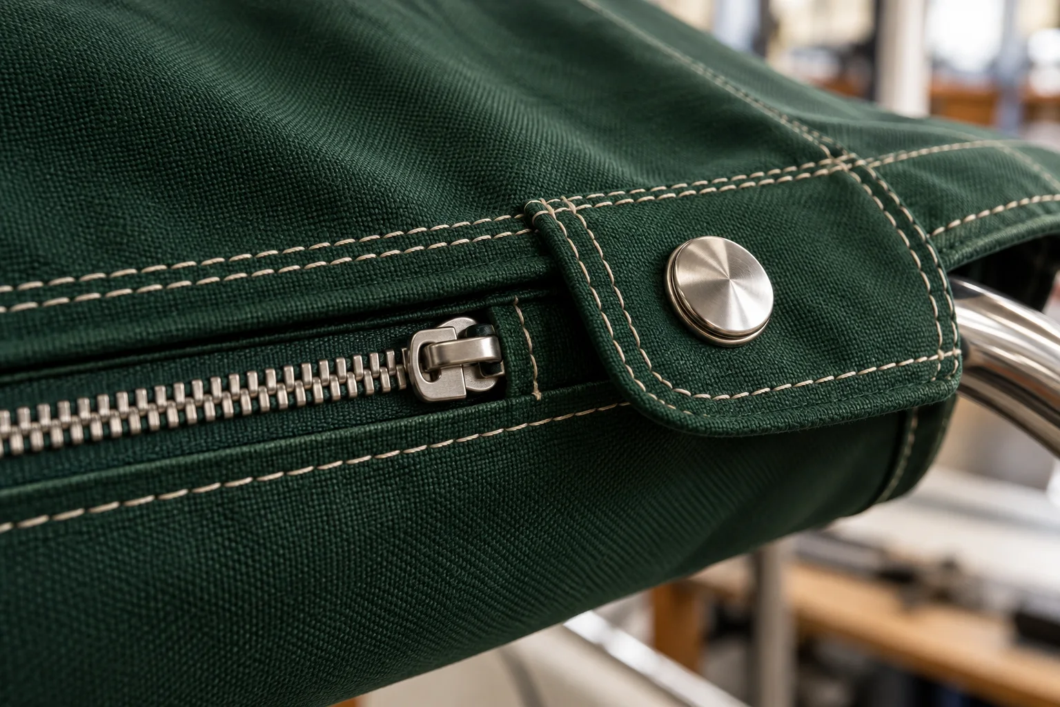 Close-up of green marine canvas, zipper, snap and precise stitching