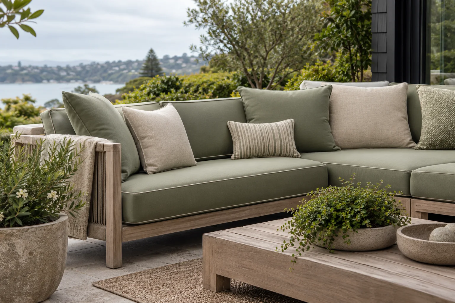 Tailored sage green outdoor lounge cushions on an Auckland patio