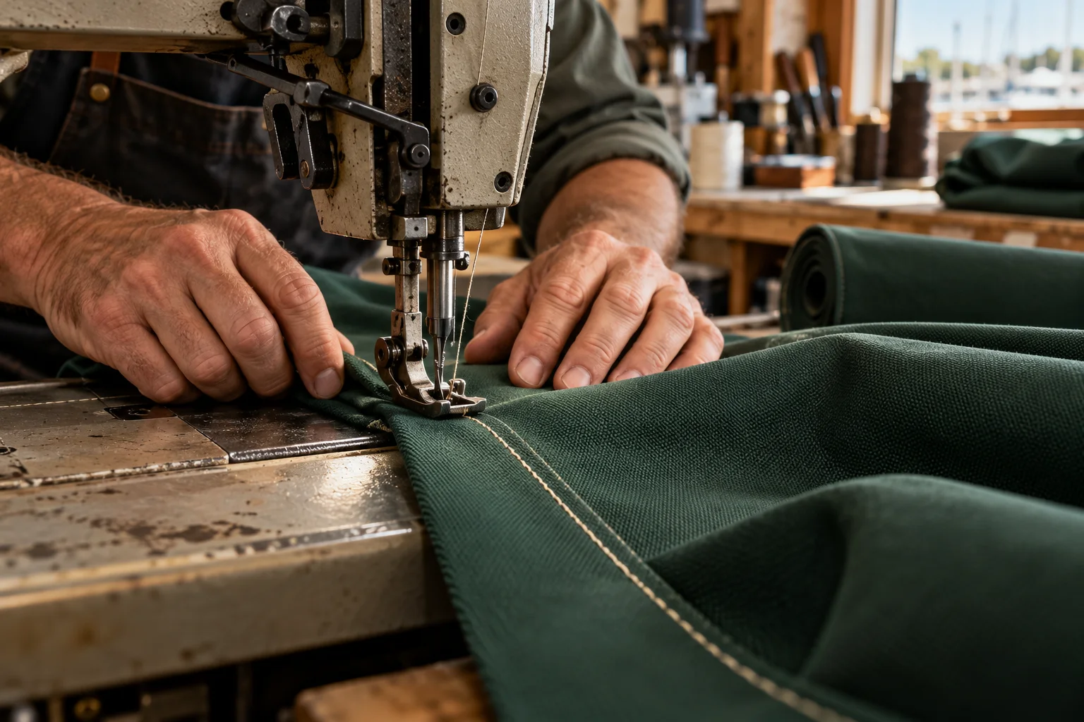 Hands guiding heavy-duty green canvas through an industrial sewing machine