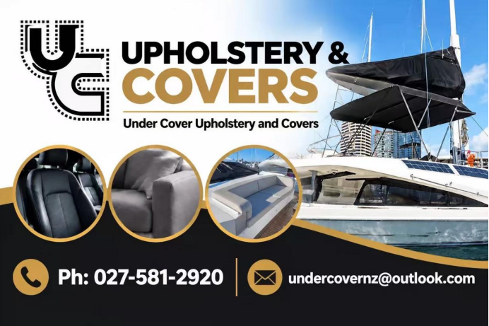Under Cover marine upholstery and covers banner with contact details