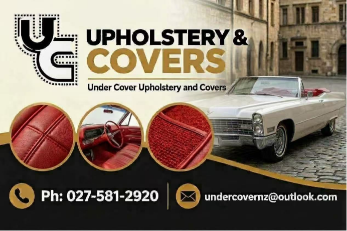 Under Cover automotive upholstery banner with contact details
