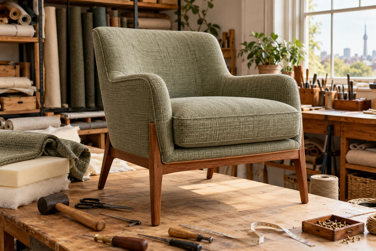 Reupholstered lounge chair in a workshop